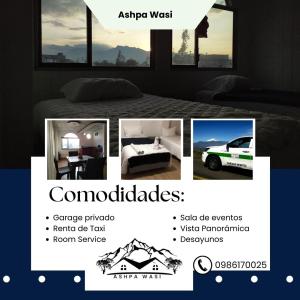 eine Collage mit Fotos eines Schlafzimmers mit einem Bett in der Unterkunft Ashpa Wasi in Salasaca