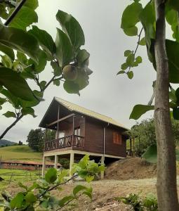 een houten huis met een balkon ervoor bij Chalé Vista Das Araucárias in Urubici