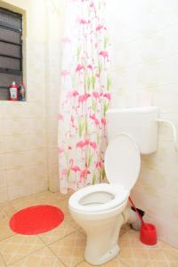 y baño con aseo y cortina de ducha. en Elegant studio apartment en Kitengela 