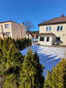 a group of christmas trees in front of a house at Jaukus būstas Kintai in Kintai