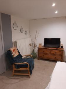 una camera da letto con sedia, TV e cassettiera di Chambre d'hôte Chez Josie a Beaucaire