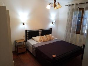 um quarto com uma cama com uma cabeceira preta e uma janela em Provencale House + swimming poll in garden of 1HA em Besse-sur-Issole
