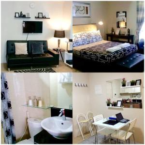 uma colagem de três fotos de um quarto e uma cama em Condotel at 150 Newport Blvd. near NAIA T3 w/ Wifi em Manila