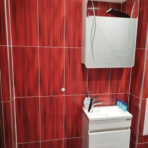 ein rot gefliestes Bad mit einem Waschbecken und einem Spiegel in der Unterkunft DB Luxury Apartment in Weliko Tarnowo