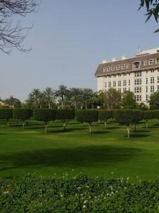 Rayyan Stays في دبي: حديقة فيها اشجار ومبنى في الخلفية