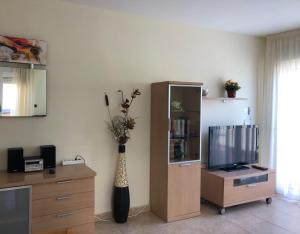 a living room with a television and a vase with flowers at Beachfront penthouse in Residencial Dos Mares in La Manga del Mar Menor