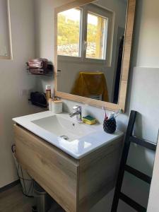 La salle de bains est pourvue d'un lavabo et d'un miroir. dans l'établissement Maison 6 places, en plein cœur de l’Ariège, proche ski et nature, à Lesparrou