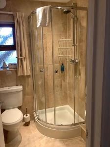 a shower stall in a bathroom with a toilet at New Overlander Inn in Tenby