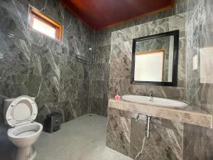 een badkamer met een toilet, een wastafel en een spiegel bij Juma cottages in Tuk Tuk