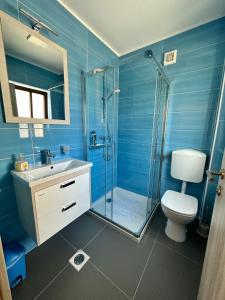 ボヴェツにあるAPARTMA ALMAの青いバスルーム(トイレ、シャワー付)