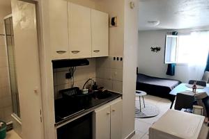 a kitchen with a sink and a living room at Studio Zen Urban climatisé proche aéroport Saint Denis in Sainte-Clotilde