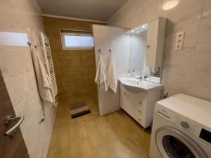 a bathroom with a sink and a washing machine at Grátisz Apartman Siófok in Siófok