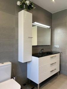 La salle de bains est pourvue d'un lavabo, de toilettes et d'un miroir. dans l'établissement Casa, parque natural de Montserrat cerca Barcelona, à Collbató