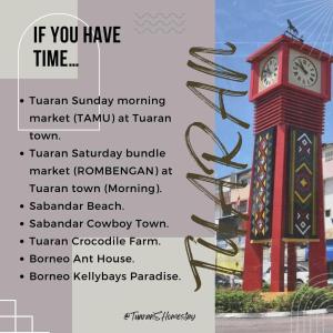 a flyer with a clock tower withbons at Modern Cozy Home with Minimalist design in Tuaran