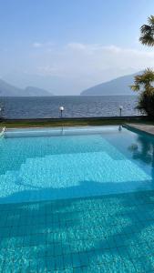 una gran piscina con vistas al océano en Romantik Hotel Beau Rivage Weggis - Beau Rivage Collection, en Weggis