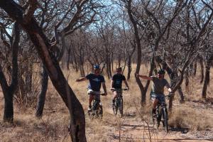 a group of three people riding bikes through a forest at Palala River Cottages in Vaalwater