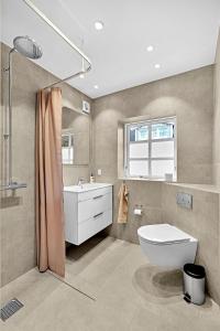 łazienka z toaletą i umywalką w obiekcie Guldbergs Guesthouse w mieście Kerteminde
