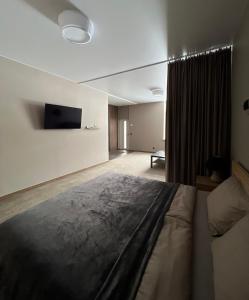 1 dormitorio con 1 cama grande y TV de pantalla plana en Vėtrungės Apartamentai, en Klaipėda