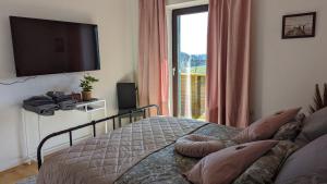 a bedroom with a bed with a television and a window at Ursteirerhof - Familie Kerschbaumer in Palsdorf