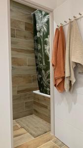een inloopdouche in een badkamer met houten tegels bij Appartement proche de la mer in La Garde