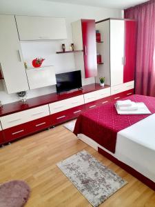 1 dormitorio con armarios rojos y blancos y 1 cama en Apartament Modern Family, en Târgu Ocna