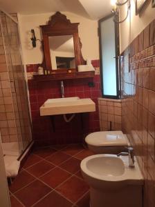 uma casa de banho com um WC, um lavatório e um espelho. em La torre della manca suite em Sasso di Castalda