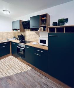 eine Küche mit dunkelblauen Schränken und einer Mikrowelle in der Unterkunft Waldtwin 2 Titisee (W12) + Hochschwarzwald Card in Titisee-Neustadt