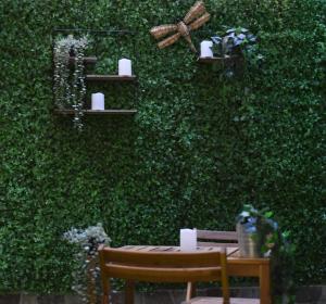 pared verde con mesa de madera y silla en PACOROOMS, en Madrid