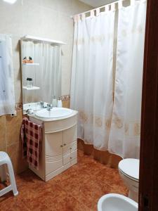 a bathroom with a sink and a toilet and a shower curtain at Reina Amalia in Quintanar de la Orden