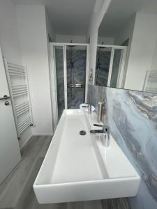 a white bathroom with a sink and a shower at ROYAL APARTMENTS in Lunca de Sus