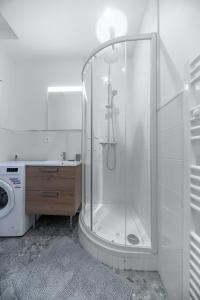 a shower in a bathroom with a washing machine at ⟬Giacomelli⟭ Quartier Calme⁕WIFI⁕Proche Michelin⁕ in Clermont-Ferrand