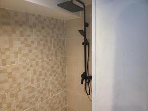y baño con ducha con cabezal de ducha. en Luna Del Valle Apartamentos, en Nueva de Llanes
