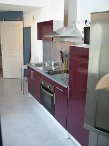 a kitchen with purple cabinets and a sink at maisonette cosy Blois in Blois