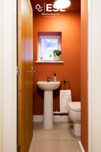 a bathroom with a sink and a toilet at Elegant Apartment on Historic Cobbled High St Shrewsbury Town Centre in Shrewsbury