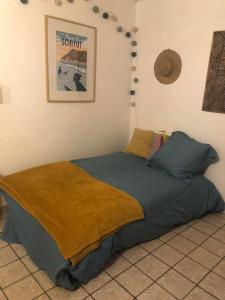 ein Bett mit einer Decke darauf in einem Schlafzimmer in der Unterkunft Petite maison entre mer et campagne in Les Pieux
