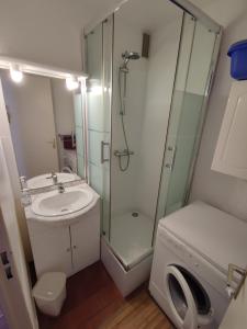 een badkamer met een douche, een wastafel en een wasmachine bij T2C sympa vue splendide in Le Barcarès