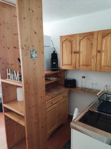 een keuken met houten kasten en een aanrecht bij T2C sympa vue splendide in Le Barcarès