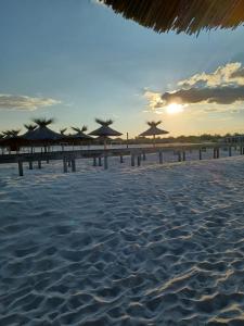 a beach with some umbrellas and the ocean at Apartament la dudu in Sulina