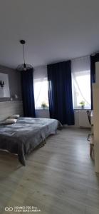 a bedroom with blue curtains and a bed in a room at Elen & K in Polkowice