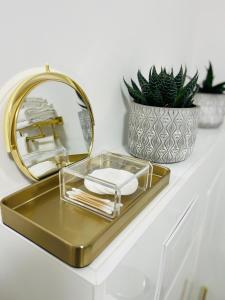a gold tray with a mirror and a plant on a counter at FILMAP-Apartments-Zentrale Lage-Boxspringbett-Beamer-Popcorn-gratis Parkplatz in Görlitz