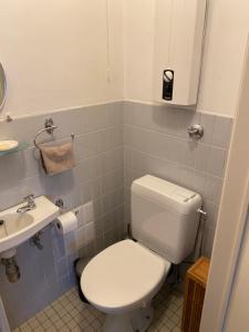 Łazienka z białą toaletą i umywalką w obiekcie Katty apartment w Brukseli