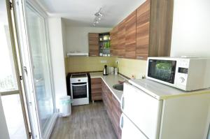 TOBO house along the river Danube في Radvaň nad Dunajom: مطبخ مع أجهزة بيضاء ودواليب خشبية