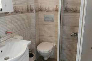 een badkamer met een toilet, een douche en een wastafel bij Uysal Suite and Loft Seaside in Marmaris