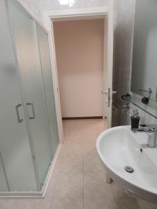 a bathroom with a shower and a white sink at Monolocale PIANO TERRA a pochi minuti dall'ospedale Sacro cuore in Negrar