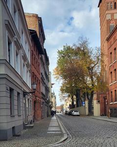 una calle adoquinada en una ciudad con edificios en Apartamenty Świętego Jakuba, en Toruń