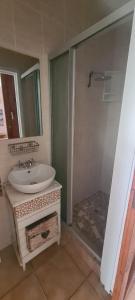 a bathroom with a sink and a shower with a mirror at Uvongo cabanas in Margate