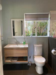 La salle de bains est pourvue de toilettes, d'un lavabo et d'une fenêtre. dans l'établissement Bramber Cottage Hogsback, Living With Joy!, à Hogsback