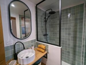 une salle de bains avec un lavabo et un miroir dans l'établissement Studio pour 2 à 10min de la mer, à Saint-Nazaire 10 autres photos