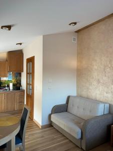 Apartament Vanessa 2 u podnóża gór, nad jeziorem Czorsztyńskim في Harklowa: غرفة معيشة بها أريكة وطاولة