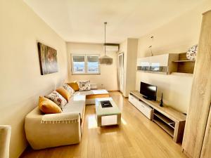 - un salon avec un canapé et une télévision dans l'établissement Fanky City Apartments, à Podgorica